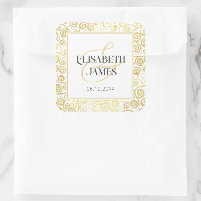 Luxury Flourish Chic Winter White And Gold Wedding Square Sticker (Bag)