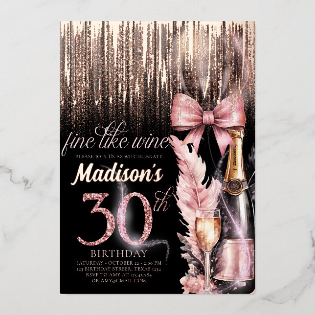 Luxury Foil 30th Rose Wine Adult Birthday Foil Invitation (Front)