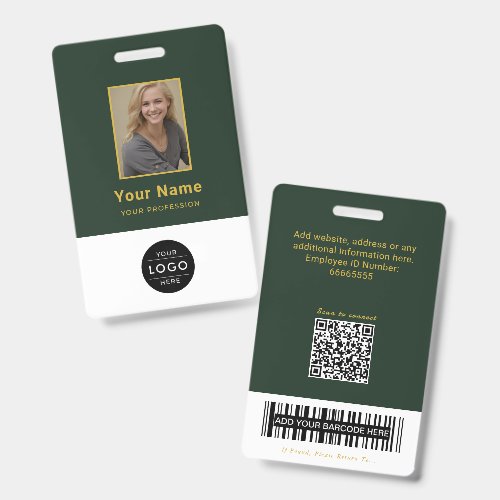 Luxury Forest Green Gold QR Code ID Barcode Badge