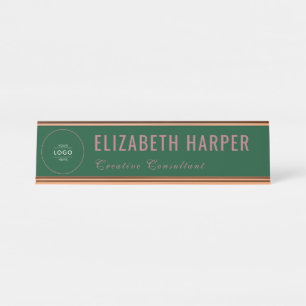 Luxury Forest Green & Rose Gold Business Logo Desk Name Plate