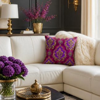Luxury Fuchsia, Amethyst & Antique Gold Damask Throw Pillow