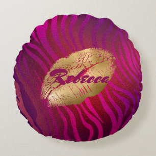 Luxury Fuchsia Animal Stripes Lipstick Print Round Pillow