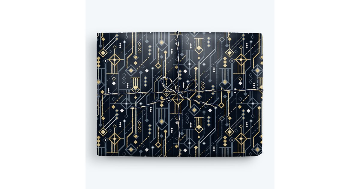 Luxury Geometric Blue and Gold Art Deco Wrapping Paper | Zazzle