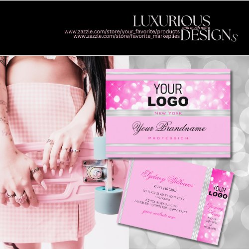 Luxury Girly Pink Glitter add Logo Silver Border Business Card