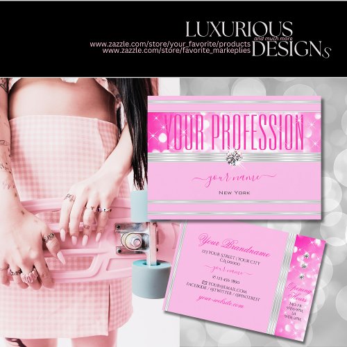 Luxury Girly Pink Glitter Diamonds Silver Border Business Card