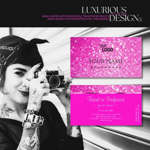 Luxury Girly Pink Glitter Luminous Stars and Logo Business Card