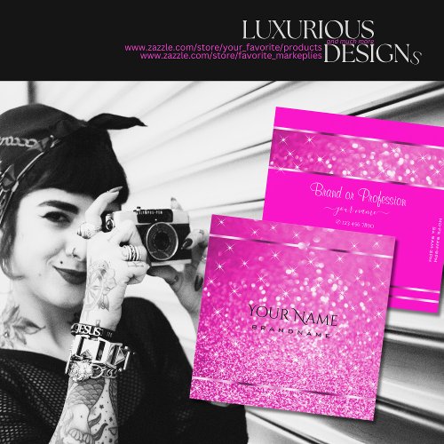 Luxury Girly Pink Glitter Luminous Stars Glamorous Square Business Card