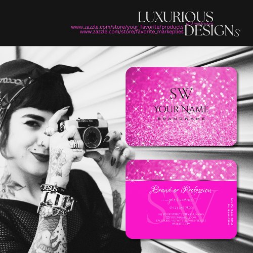 Luxury Girly Pink Glitter Luminous Stars Monogram Business Card