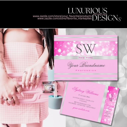 Luxury Girly Pink Glitter Monogram Silver Border Business Card