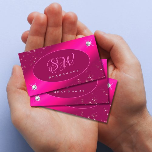 Luxury Girly Pink Glitter Stars Diamonds Monogram Business Card