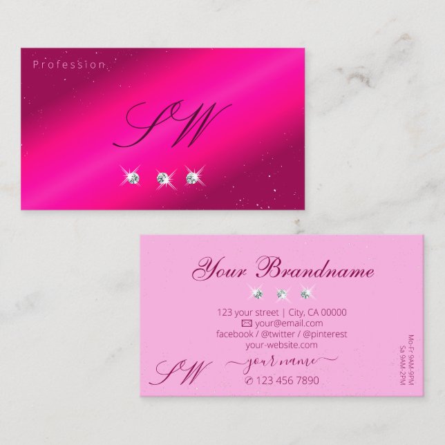 Luxury Girly Pink Sparkle Stars Diamonds Initials Business Card (Front/Back)