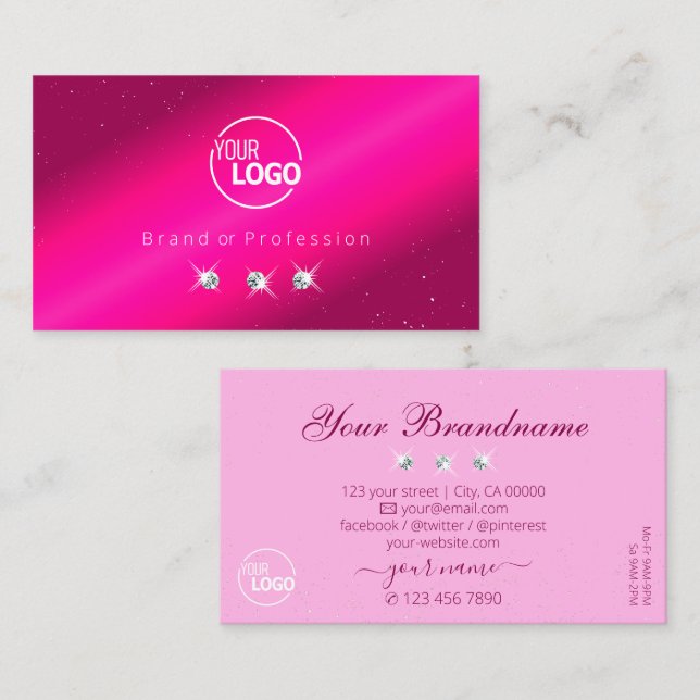 Luxury Girly Pink Sparkle Stars Diamonds with Logo Business Card (Front/Back)