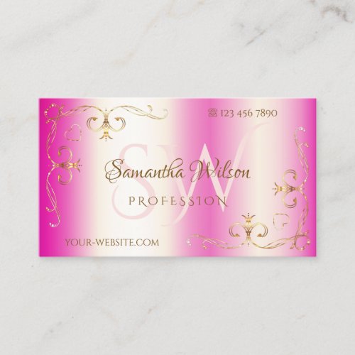 Luxury Girly Pink with Initials Gold Ornate Corner Business Card