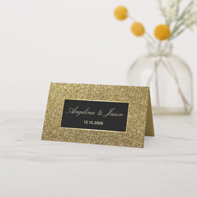 Luxury Glam Black And Gold Glitter Wedding Table Place Card | Zazzle