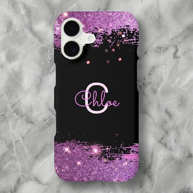 Luxury Glam Black Magenta Purple Glitter Monogram iPhone Case (Creator Uploaded)
