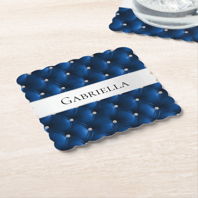 Luxury Glam Blue Faux Velvet Paper Coaster (Angled)