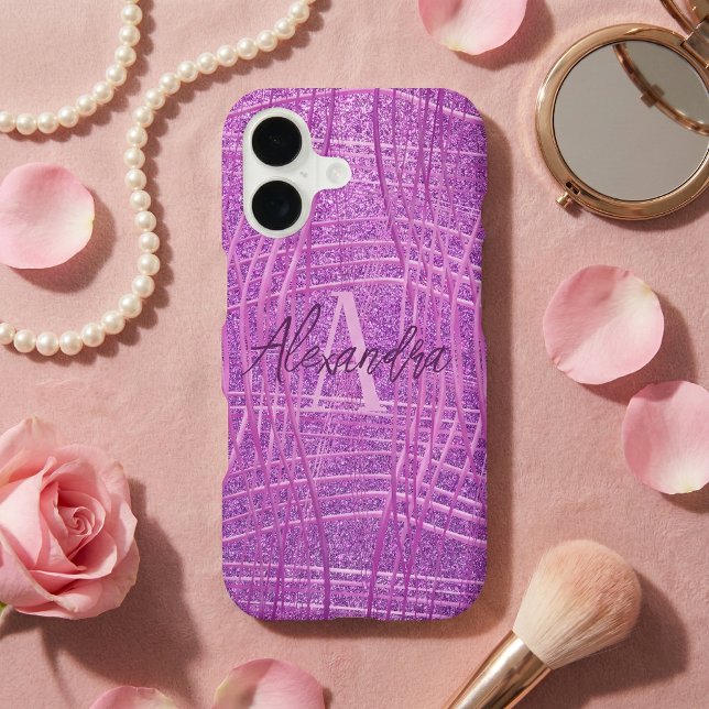 Luxury Glam Chic Magenta Pink Glitter Wavy Grid Case-Mate iPhone Case (Creator Uploaded)