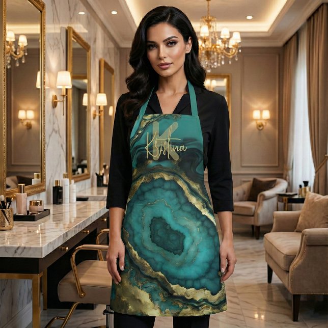 Luxury Glam Chic Teal Turquoise & Gold Agate Geode Apron (Creator Uploaded)