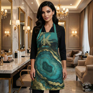 Luxury Glam Chic Teal Turquoise & Gold Agate Geode Apron