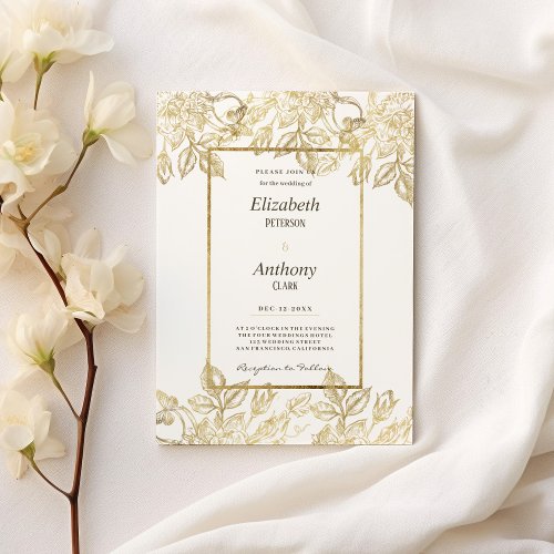 Luxury glam elegant white gold floral Wedding Invitation