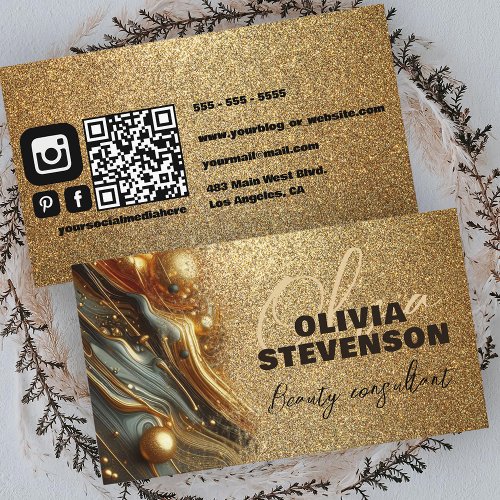 Luxury Glam Glittery Gold Marble Beauty Consultant Business Card