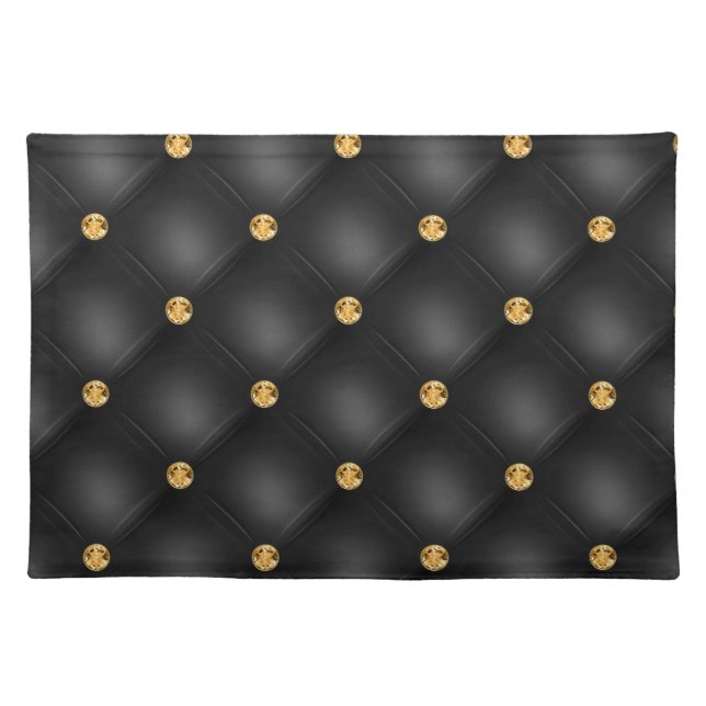 Luxury Glam Gold Diamond Gems Tufted Elegant Black Cloth Placemat (Front)