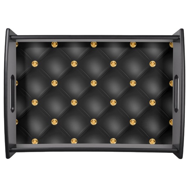 Luxury Glam Gold Diamond Gems Tufted Elegant Black Serving Tray (Front)