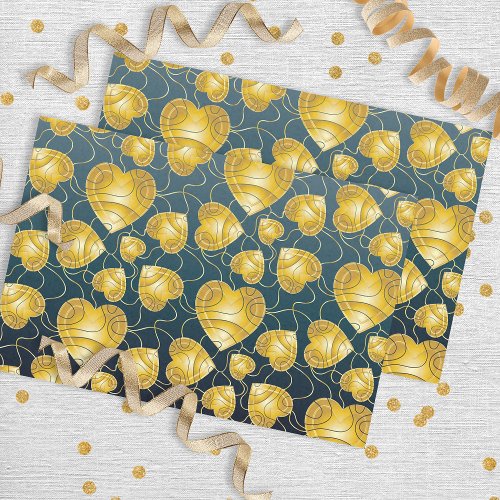 Luxury Glam Gold Hearts On Blue Valentines Day  Tissue Paper
