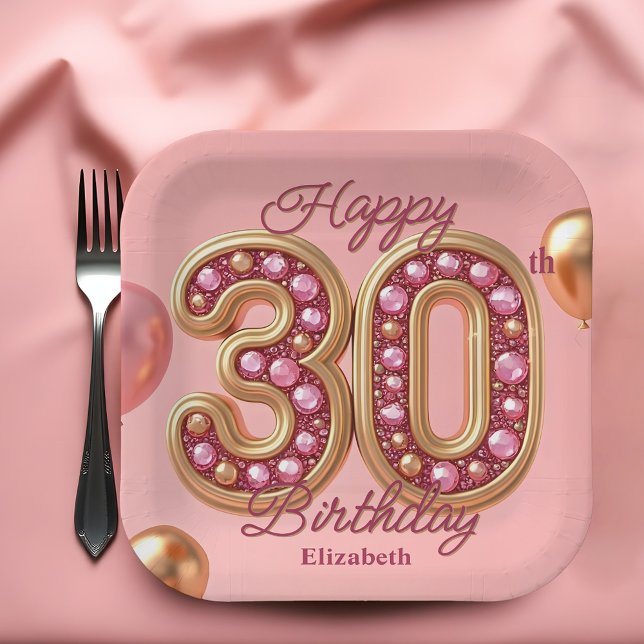 Luxury Glam Pink and Gold Gemstone 30th Birthday  Paper Plates (Creator Uploaded)