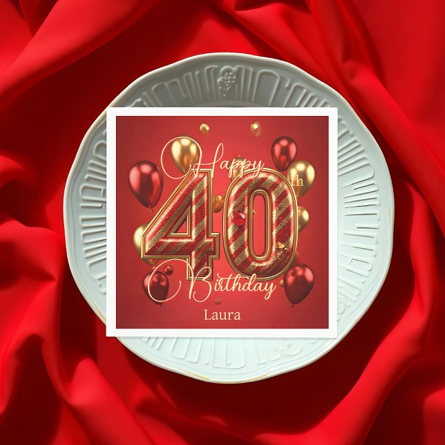 Luxury Glam Red and Gold 40th Birthday Celebration Napkins (Creator Uploaded)