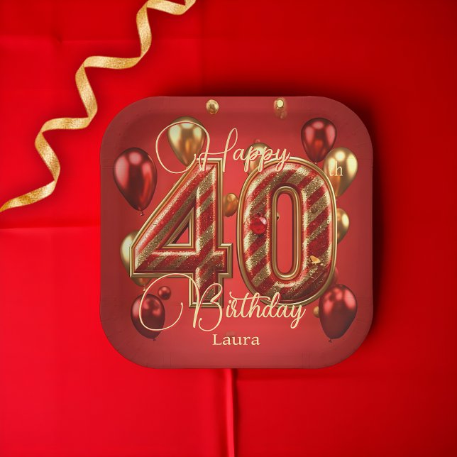 Luxury Glam Red and Gold 40th Birthday Celebration Paper Plates (Creator Uploaded)