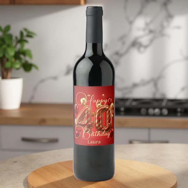 Luxury Glam Red and Gold 40th Birthday Celebration Wine Label (Creator Uploaded)
