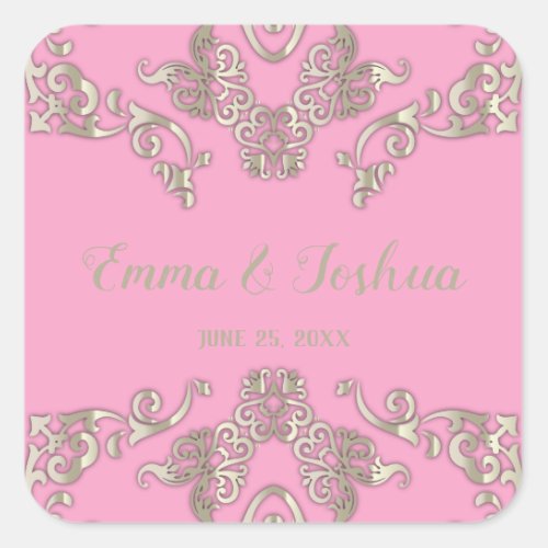 Luxury Glam Romantic Chic Pink  Gold Custom Name  Square Sticker