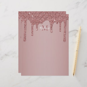Luxury Glam Rose Gold Dripping Glitter Monogram Letterhead