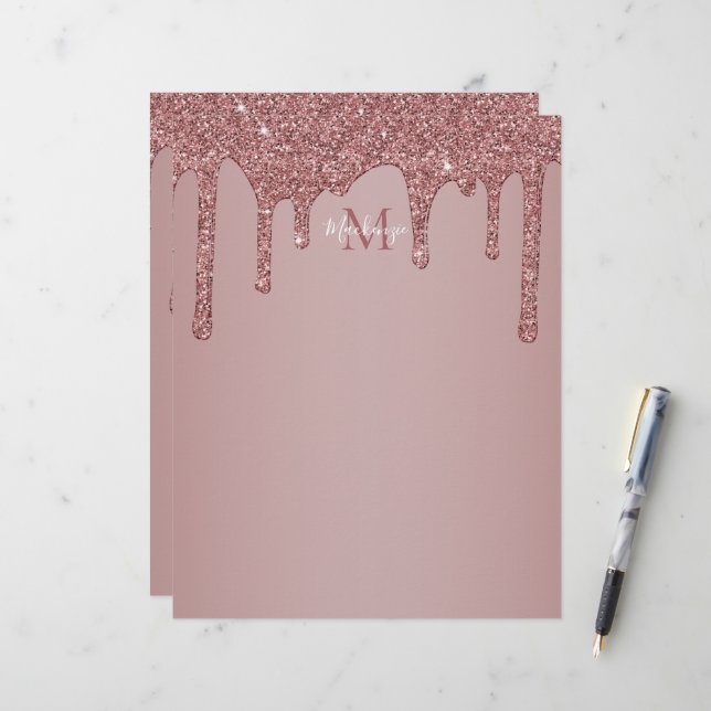 Luxury Glam Rose Gold Dripping Glitter Monogram Letterhead (Front/Back In Situ)