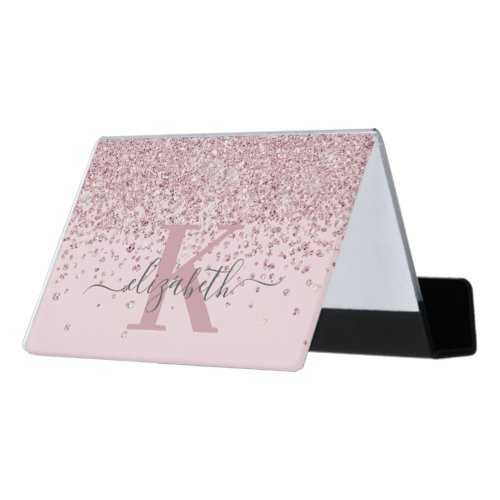 Luxury Glam Rose Gold Glitter Blush Monogrammed Desk Business Card Holder