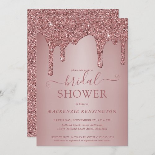 Luxury Glam Rose Gold Glitter Drips Bridal Shower Invitation