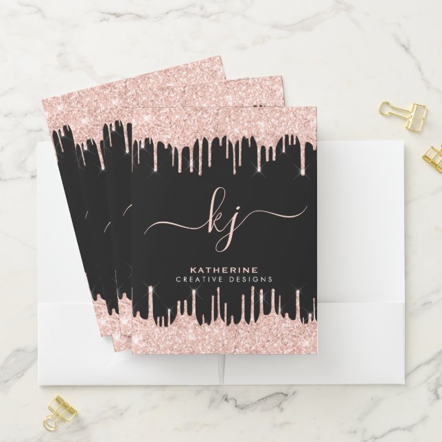 Luxury Glam Rose Gold Glitter Drips Monogrammed Pocket Folder (In Situ)