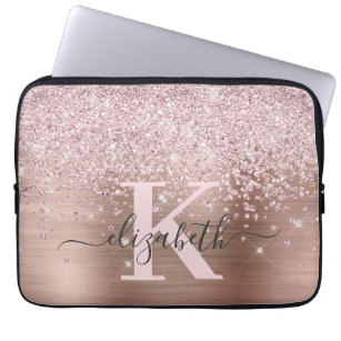 Luxury Glam Rose Gold Glitter Script Monogrammed Laptop Sleeve