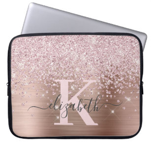 Luxury Glam Rose Gold Glitter Script Monogrammed Laptop Sleeve