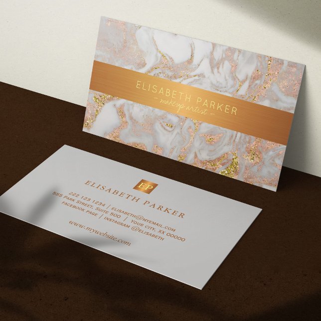 Luxury glam rose gold grey marble makeup artist business card (Creator Uploaded)