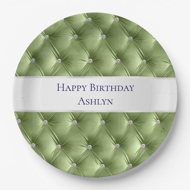 Luxury Glam Sage Green Faux Velvet Paper Plates (Front)
