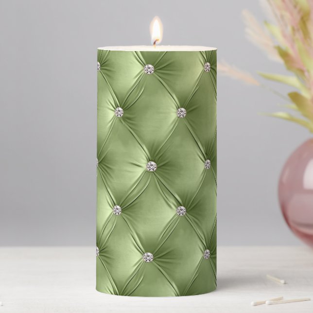 Luxury Glam Sage Green Faux Velvet Pillar Candle (In Situ)