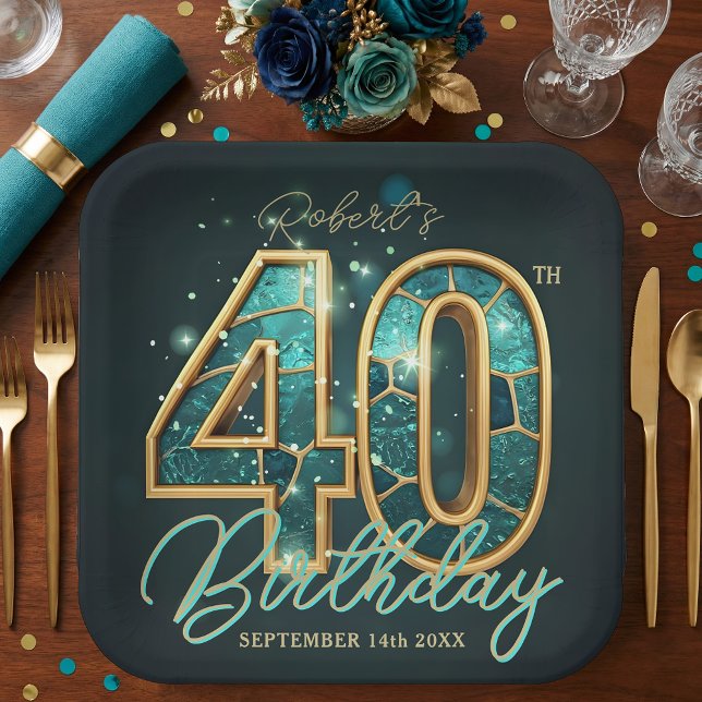 Luxury Glam Teal Gold Agate 40th Birthday Party Paper Plates (Creator Uploaded)