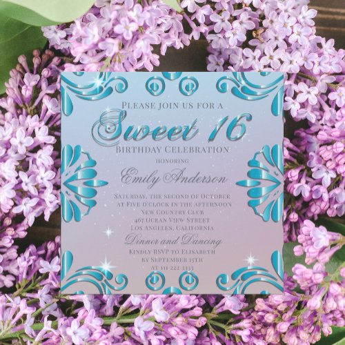 Luxury Glam Turquoise Swirly Shiny Frame Sweet 16  Invitation