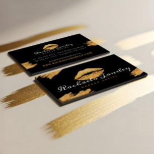 Luxury Glamorous Black & Gold Lips Makeup Artist Business Card