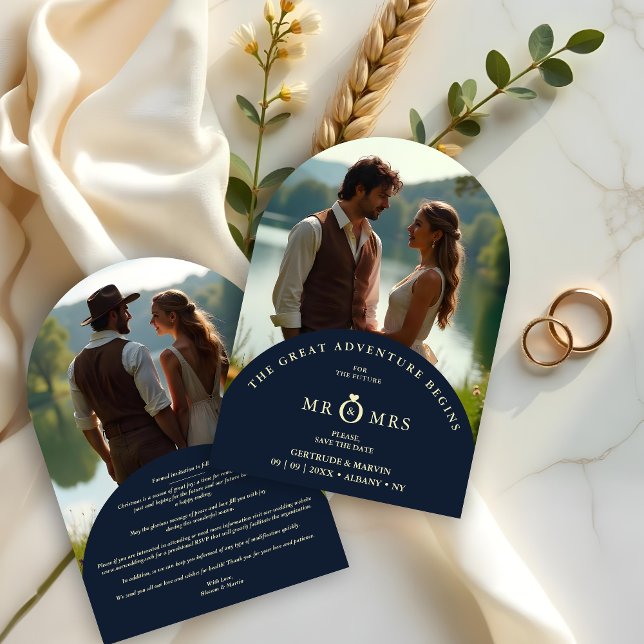 Luxury Glamorous Navy Chic Golden 2 Photos Save The Date (Luxury Navy Chic Glamorous Golden Effect 2 Photos Wedding Save the Dates Cards. )