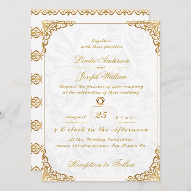 Luxury Glamour Gold Border & Nordic Flower Wedding Invitation (Front/Back)