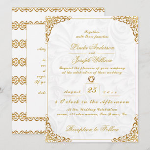Luxury Glamour Gold Border & Nordic Flower Wedding Invitation