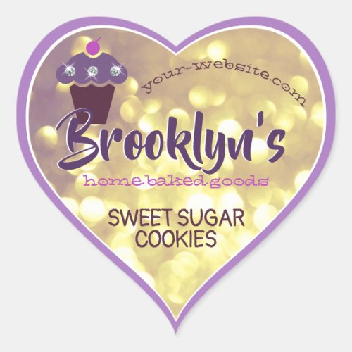 Luxury Glamour Purple Gold Glitter Cupcake Baking Heart Sticker